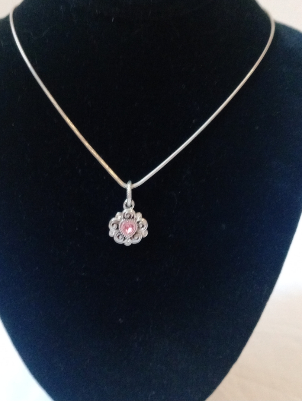 Brighton Silver Heart Pendant Necklace Pink Crystal Floral Charm Romantic Style - Picture 2 of 11
